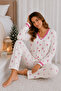 Reported Viscose Buttoned V-Neck Lace Long Sleeve Patterned Pajama Set