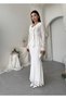 Women's Ecru Midi Lace V-Neck Bow Detailed Long Sleeve Peplum Dress - 8