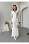 Women's Ecru Midi Lace V-Neck Bow Detailed Long Sleeve Peplum Dress - 4