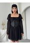 Women's Black Mini Dress with Corsage Detail, Chiffon Sleeves, Lace-Up and Flounces - 5