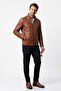 Men's Cognac Genuine Leather Stand Collar Jacket - 3