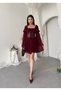 Women's Burgundy Mini Dress with Corsage Detail, Chiffon Sleeves, Lace-Up and Flounces - 4