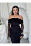 Women's Black Evening Dress Boat Neck Floral Appliqué Draped Tulle Sleeves Midi