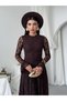 Women's Brown Lace Midi Dress High Neck Long Sleeve A-Line Guest Dress - 5