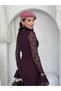 Women's Plum Lace Midi Dress V-Neck Long Flounce Sleeves Bodycon Fit - 7