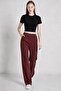 Women's Burgundy H02 Elastic Waist, Striped Front, Wide Leg Sweatpants - 2