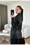Women's Premium Double Pocket Double-Breasted Collared Faux Leather Jacket with Belted Waist - 4