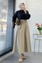 Premium Pleated Detailed Belted Cotton Gabardine Midi Skirt - Khaki - 5