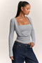 Square Neck Gathered Light Gray Long Sleeve Blouse - 6