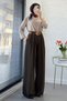 Premium bridge detailed belted twill palazzo pants - brown - 6