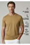Cappadocia |   Brushed Rayon Fluid - Ribbed Collar - Qsimple Muscle Fit Hide Belly Tshirt - Camel