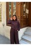 Women's Brown Padded Asymmetrical Blouse with Elastic Waist and Pockets, Shalwar Trousers, Two-Piece Set - 2