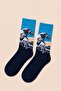 Large Wave Patterned Navy Blue Unisex Socks