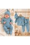 Baby Blue Corduroy 3-Piece Hospital Discharge Set – Double-Breasted Top, Booties, and Knotted Beanie 0-3 Months - 2