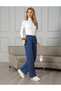 Women's Blue Elastic Waist, Lace-Up, Pocketed, Wide-Leg, Palazzo Jeans - Suitable for Hijab Wear - 3