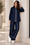 - Navy Blue Two Piece Set with Contrast Trim Shirt and Wide-Leg Pants