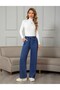 Women's Blue Elastic Waist, Lace-Up, Pocketed, Wide-Leg, Palazzo Jeans - Suitable for Hijab Wear - 2