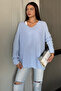 Blue V-Neck Casual Knit Blouse (Available in Sizes S, M, L, XL)