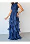 Navy Blue Halter Neck Flounce Long Evening Dress - 5