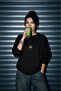 Women's Oversize Sweatshirt Retro Cassette Printed Black – Crew Neck, 3 Thread Raster Fleece