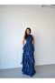 Navy Blue Halter Neck Flounce Long Evening Dress - 3