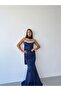 Navy Blue Strapless Collar Stone Embellished Underwire Long Evening Dress with Scarf - 2