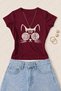 Women's Good Vibes Cat Printed Cotton Lycra Slim Fit Body T-Shirt - Burgundy