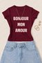 Women's Bonjour Mon Amour Printed Cotton Lycra Slim Fit Body T-Shirt - Burgundy