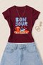 Women's Bonjour Coffee Printed Cotton Lycra Slim Fit Body T-Shirt - Burgundy