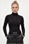 Women's Frey Snap Fastener Cotton Long Sleeve Black Ribbed Knitted Blouse - 3