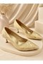 Leyla Women's Gold Pointed Toe Lace Patterned 5 cm Thin Heeled Stiletto Shoes - 2