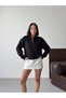 Women's Black High-Neck Half-Zip Plain Basic Sweatshirt with Fleece Inside G99013 - 4