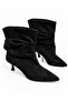 Women's Black Suede Bellows Thin Heel Gathered Pointed Toe Boots Sofia
