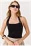 Black Stretchy Fabric Halter Neck Slim Fit Crop Blouse with Buckle Detail - 5