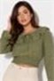 Green Cotton Stretch Fabric Ruffle Collar Long Sleeve Elastic Waist Detailed Crop Form Blouse - 3