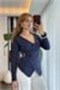 Navy Blue Viscose Blend V-Neck Long Sleeve Asymmetrical Cut Blouse with Buckle Detail - 2