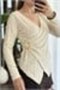 Cream Viscose Blended V-Neck Long Sleeve Asymmetrical Cut Buckle Detailed Stretchy Blouse - 3
