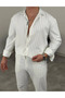 Men's Striped Crepe Fabric Cream Shirt Pants Bottom Top Set Long Sleeve - White - 2