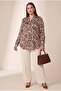 Accessory Detailed Viscose Inside and Satin Outside Plus Size Blouse Brown - 5