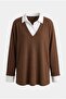 Shirt Collar Trimmed Plus Size Blouse Brown - 2
