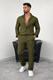 Men's Striped Crepe Fabric Cream Shirt Pants Bottom Top Set Long Sleeve - Khaki