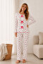 Reported Viscose Bow Detailed Overlocked Round Neck Long Sleeve Patterned Pajama Set - 2