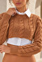Women's Hair Braided Patterned Crew Neck Crop Knit Sweater - Tan - 3