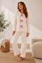 Reported Viscose Bow Detailed Overlocked Round Neck Long Sleeve Patterned Pajama Set - 2