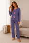 Reported Viscose Bow Detailed Overlocked Round Neck Long Sleeve Patterned Pajama Set - 2