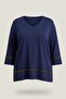 Sleeve and Skirt with Stone Detail, Large Size, Round Viscose Combed Cotton Blouse, Navy Blue - 2