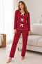 Reported Viscose Bow Detailed Overlocked Round Neck Long Sleeve Patterned Pajama Set - 2