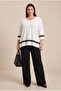 Sleeve and Skirt Stone Detailed Plus Size Round Neck Viscose Combed Cotton Blouse Ecru - 4