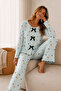 Reported Viscose Bow Detailed Overlocked Round Neck Long Sleeve Patterned Pajama Set