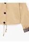 Long Sleeve Buttoned Plaid Lined Oversized Gabardine Stand Collar Short Trench Coat - 3